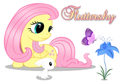 Size: 4328x3000 | Tagged: safe, artist:forsakensharikan, derpibooru import, angel bunny, fluttershy, butterfly, pegasus, pony, g4, female, flower, folded wings, looking at something, lying down, mare, name, poison joke, prone, simple background, text, transparent background, vector, wings