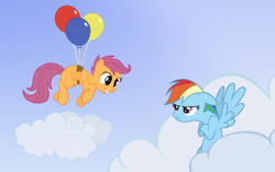 Size: 5578x3500 | Tagged: safe, artist:forsakensharikan, derpibooru import, rainbow dash, scootaloo, pegasus, pony, g4, annoyed, balloon, cloud, crossed hooves, duo, duo female, female, filly, floating, flying, foal, folded wings, grin, looking at each other, looking at someone, mare, rainbow dash is not amused, raised hoof, raised leg, scootaloo can't fly, smiling, spread wings, then watch her balloons lift her up to the sky, unamused, vector, wings