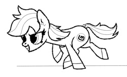 Size: 2011x1231 | Tagged: safe, artist:scandianon, derpibooru import, oc, oc only, earth pony, pony, black and white, female, grayscale, linux, mare, monochrome, raised hoof, raised leg, running, simple background, smiling, solo, unnamed oc, white background