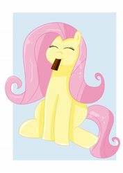 Size: 2480x3508 | Tagged: safe, derpibooru import, fluttershy, pegasus, pony, g4, chocolate, eating, eyes closed, food, sitting, solo