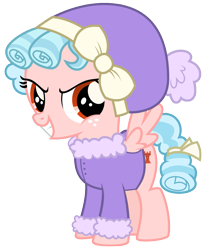 Size: 1275x1553 | Tagged: safe, derpibooru import, edit, cozy glow, pegasus, pony, g4, clothes, cozybetes, cute, evil grin, female, filly, foal, grin, simple background, smiling, solo, transparent background, winter outfit