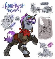 Size: 3470x3712 | Tagged: safe, artist:opalacorn, derpibooru import, oc, oc only, oc:amethyst rose, pony, unicorn, armor, bandana, boots, cart, commission, goggles, goggles on head, magic, male, pulling, shoes, simple background, smiling, solo, stallion, telekinesis, white background, wrench