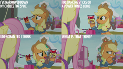 Size: 2000x1125 | Tagged: safe, derpibooru import, edit, edited screencap, editor:quoterific, screencap, applejack, fluttershy, best gift ever, g4, action comics #1, snow