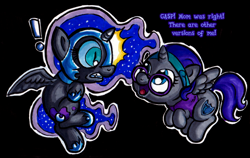 Size: 1280x807 | Tagged: safe, artist:darkone10, artist:legaspingman, derpibooru import, nightmare moon, oc, oc:nyx, alicorn, pony, g4, alicorn oc, armor, black background, boots, chestplate, clothes, cute, dream realm, dream walker, dreamscape, duo, duo female, exclamation point, female, filly, floating, foal, glasses, hairband, headband, helmet, horn, nightmare woon, nyxabetes, ocbetes, peytral, self paradox, self ponidox, shocked, shocked expression, shoes, simple background, text, the fun has been doubled, tumblr:asktwilyandwoon, vest, wings