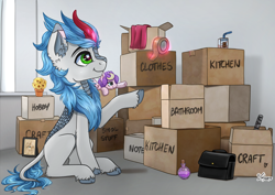 Size: 4092x2893 | Tagged: safe, artist:lailyren, derpibooru import, oc, oc only, kirin, box, cardboard box, flower, flower pot, juice, juice box, kirin oc, picture frame, plushie, solo, tape