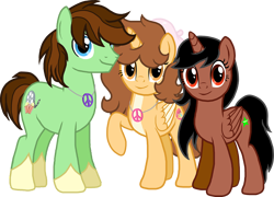 Size: 1808x1300 | Tagged: safe, artist:crisostomo-ibarra, derpibooru exclusive, derpibooru import, oc, oc only, oc:aspen, oc:princess fantasy star, oc:ryan, alicorn, earth pony, g4, 2024 community collab, alicorn oc, derpibooru community collaboration, earth pony oc, female, group, hooves, horn, jewelry, looking at you, male, mare, necklace, peace symbol, raised hoof, raised leg, simple background, smiling, smiling at you, stallion, transparent background, wings