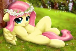 Size: 1592x1080 | Tagged: safe, artist:柠萌cream, derpibooru import, fluttershy, pegasus, pony, g4, cute, female, floral head wreath, flower, lying down, mare, on back, shyabetes, solo