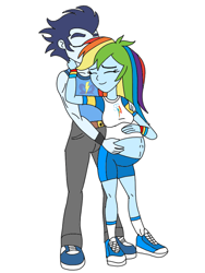 Size: 720x960 | Tagged: safe, artist:dasher666, artist:metaldudepl666, derpibooru import, edit, rainbow dash, soarin', human, equestria girls, g4, clothes, cutie mark on clothes, female, male, preggo dash, pregnant, shipping, simple background, soarindash, straight, white background