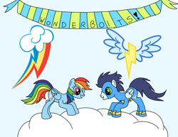Size: 931x720 | Tagged: safe, artist:dasher666, artist:superkataang1, derpibooru import, edit, rainbow dash, soarin', pegasus, pony, g4, clothes, cloud, duo, female, folded wings, male, mare, on a cloud, shipping, soarindash, stallion, standing on a cloud, straight, uniform, wings, wonderbolts uniform