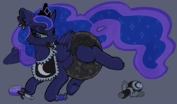 Size: 2453x1445 | Tagged: safe, artist:0lileli, derpibooru import, princess luna, alicorn, pony, g4, bib, candy, crown, diaper, diaper fetish, ear piercing, fetish, food, frog (hoof), gray background, jewelry, non-baby in diaper, pacifier, piercing, rattle, regalia, simple background, solo, underhoof