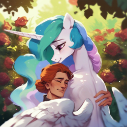 Size: 1024x1024 | Tagged: source needed, safe, ai content, derpibooru import, generator:purplesmart.ai, generator:stable diffusion, machine learning generated, princess celestia, alicorn, human, pony, g4, flower, garden, hug, human on pony snuggling, prompter needed, rose, smiling, snuggling