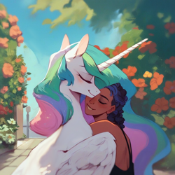 Size: 1024x1024 | Tagged: source needed, safe, ai content, derpibooru import, generator:purplesmart.ai, generator:stable diffusion, machine learning generated, princess celestia, alicorn, human, pony, g4, eyes closed, flower, garden, hug, human on pony snuggling, prompter needed, rose, sky, smiling, snuggling