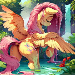 Size: 2048x2048 | Tagged: safe, ai content, derpibooru import, generator:pony diffusion v6 xl, generator:stable diffusion, machine learning generated, fluttershy, pegasus, pony, g4, adorasexy, bathing, beautiful, beautisexy, butt, chest fluff, cute, detailed, detailed background, dock, ear fluff, ears, eyes closed, featureless crotch, female, flower, flutterbutt, foliage, frog (hoof), high res, leaves, long mane, long tail, mare, nature, outdoor bathing, outdoors, plant, plot, pond, prompter:tyto4tme4l, raised hoof, raised leg, rear view, sexy, shyabetes, smiling, solo, spread wings, stupid sexy fluttershy, tail, the quality of ai art is frightening, underhoof, water, waterfall, wet, wet mane, wings