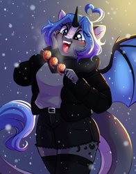 Size: 2353x3000 | Tagged: safe, artist:melodylibris, derpibooru import, oc, oc only, anthro, dracony, dragon, hybrid, shrimp, anthro oc, blushing, clothes, eyes on the prize, female, hand on cheek, high res, horn, jacket, kebab, looking at something, mare, open mouth, open smile, secret santa, skirt, smiling, snow, snowfall, solo, spread wings, stockings, thigh highs, tongue, tongue out, wings, zettai ryouiki