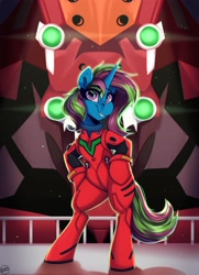 Size: 2250x3100 | Tagged: safe, artist:shadowreindeer, derpibooru import, oc, oc:shimo, semi-anthro, unicorn, bipedal, commission, eva-02, neon genesis evangelion, plugsuit, smiling, souryuu asuka langley