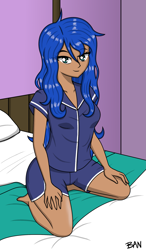 Size: 1335x2286 | Tagged: safe, artist:banquo0, derpibooru import, princess luna, human, g4, bed, blue eyes, blue hair, clothes, cute, female, humanized, kneeling, looking at you, lunabetes, on bed, pajamas, shorts, solo