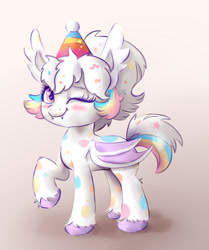 Size: 1580x1894 | Tagged: safe, artist:nedemai, derpibooru import, oc, oc only, oc:confetti cupcake, bat pony, pony, bat pony oc, blushing, female, gradient background, hat, looking at you, mare, one eye closed, party hat, solo, unshorn fetlocks, wink, winking at you