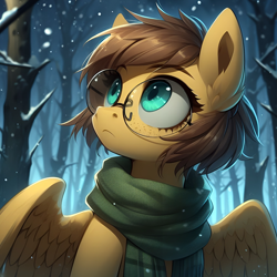 Size: 2048x2048 | Tagged: safe, ai content, derpibooru exclusive, derpibooru import, machine learning generated, oc, oc only, oc:yuris, pegasus, pony, clothes, female, forest, glasses, looking back, nature, night, prompter needed, scarf, solo, tree, winter