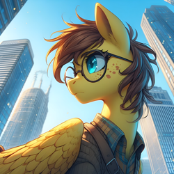 Size: 2048x2048 | Tagged: safe, ai content, derpibooru exclusive, derpibooru import, machine learning generated, oc, oc only, oc:yuris, pegasus, pony, city, female, glasses, looking back, prompter needed, solo