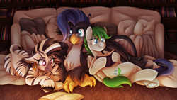 Size: 3840x2160 | Tagged: safe, artist:pearlyiridescence, derpibooru import, morning dew, oc, oc:lulu, oc:still waters, hippogriff, pegasus, zebra, beak, book, bookshelf, claws, cuddle puddle, cuddling, female, fireplace, frog (hoof), glasses, hoof on cheek, lying down, male, mare, mohawk, piercing, pony pile, prone, reading, smiling, sofa, underhoof, unshorn fetlocks, wallpaper, wings, zebra oc