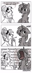 Size: 1834x4096 | Tagged: safe, artist:opalacorn, derpibooru import, oc, oc only, oc:silver stream, oc:void, pegasus, pony, zebra, zebracorn, comic, dialogue, drink, duo, duo male and female, female, grayscale, hoof hold, male, mare, monochrome, open mouth, simple background, stallion, volumetric mouth, white background