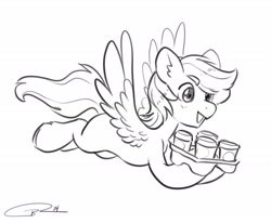 Size: 3019x2492 | Tagged: safe, artist:opalacorn, derpibooru import, oc, oc only, pegasus, pony, black and white, coffee cup, commission, cup, drink holder, flying, grayscale, male, monochrome, simple background, solo, spread wings, stallion, white background, wings