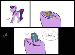 Size: 1664x1228 | Tagged: safe, artist:kbstarflower, derpibooru import, twilight sparkle, twilight sparkle (alicorn), oc, oc:skittle, alicorn, pegasus, pony, g4, cartoon physics, comic, flattened, micro, squished, stepped on, tiny, tiny ponies