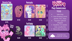 Size: 5500x3100 | Tagged: safe, artist:bubblegooey, derpibooru import, bon bon, derpy hooves, fluttershy, lyra heartstrings, octavia melody, pinkie pie, rainbow dash, rarity, sweetie drops, oc, oc:bubblegooey, earth pony, pegasus, pony, unicorn, g4, advertisement, advertising, bust, commission, commission example, commission info, commissions open, cute, digital art, expressions, female, full body, logo, looking at each other, looking at someone, mare, pinkamena diane pie, portrait, price sheet, prices