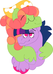 Size: 1280x1800 | Tagged: safe, artist:lepoppeta, derpibooru import, tree hugger, twilight sparkle, twilight sparkle (alicorn), alicorn, earth pony, pony, g4, bust, crack shipping, duo, duo female, eyes closed, female, high, hug, lesbian, lidded eyes, mare, shipping, simple background, smiling, transparent background, twihugger, unshorn fetlocks, wavy mouth