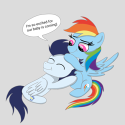 Size: 1400x1400 | Tagged: safe, artist:mrsdashskies, derpibooru import, rainbow dash, soarin', pegasus, pony, g4, eyes closed, female, gray background, hug, male, mare, preggo dash, pregnant, shipping, simple background, smiling, soarindash, stallion, straight