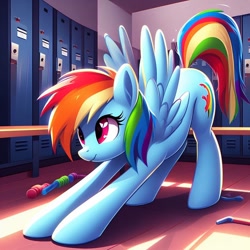 Size: 1024x1024 | Tagged: safe, ai content, machine learning generated, rainbow dash, pegasus, pony, female, iwtcird, locker room, mare, solo, stretching, wrong cutie mark