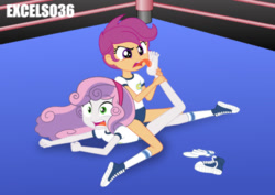 Size: 935x661 | Tagged: safe, scootaloo, sweetie belle, trixie, human, equestria girls, g4, barefoot, breasts, clothes, duo, duo female, feet, female, fetish, foot fetish, foot worship, licking, licking foot, reference, shoes, shorts, sneakers, socks, spongebob reference, spongebob squarepants, sports, sports shorts, the fry cook games, tongue, tongue out, wrestling