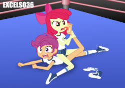Size: 935x661 | Tagged: safe, apple bloom, scootaloo, trixie, human, equestria girls, g4, barefoot, breasts, clothes, duo, duo female, feet, female, fetish, foot fetish, foot worship, licking, licking foot, reference, shoes, shorts, sneakers, socks, spongebob reference, spongebob squarepants, sports, sports shorts, the fry cook games, tongue, tongue out, wrestling