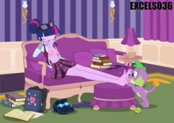 Size: 936x661 | Tagged: safe, artist:excelso36, spike the regular dog, twilight sparkle, human, equestria girls, g4, barefoot, book, bra, clothes, feet, female, fetish, foot fetish, foot worship, glasses, licking, licking foot, open clothes, open shirt, shirt, sleeping, sofa, spike the dog, underwear