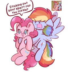 Size: 1617x1701 | Tagged: safe, artist:typhwosion, derpibooru import, idw, pinkie pie, rainbow dash, earth pony, pegasus, pony, g4, :3, cringe comedy, disgusted, duo, female, gen alpha, gyatt, holding a pony, rainbow dash is not amused, rizzler, scene interpretation, slang, unamused