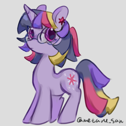 Size: 4096x4096 | Tagged: safe, artist:metaruscarlet, derpibooru import, twilight sparkle, unicorn twilight, pony, unicorn, g4, alternate design, ear piercing, earring, glasses, glasses chain, horn, jewelry, piercing, ponytail, redesign, round glasses, simple background, solo, standing, white background