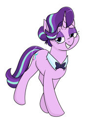 Size: 1234x1640 | Tagged: safe, alternate version, artist:moonatik, derpibooru import, starlight glimmer, pony, unicorn, g4, alternate hairstyle, bowtie, eyeshadow, female, hair bun, lidded eyes, makeup, mare, simple background, smiling, solo, transparent background