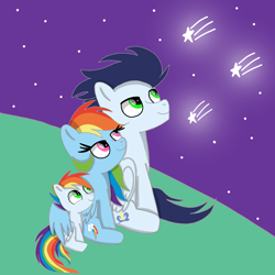 Size: 1400x1400 | Tagged: safe, artist:mrsdashskies, derpibooru import, rainbow dash, soarin', oc, oc:rainbow blitz, pegasus, pony, g4, colt, cute, dashabetes, female, foal, hug, if only, male, mare, offspring, parent:rainbow dash, parent:soarin', parents:soarindash, shipping, shooting stars, soarindash, stallion, straight, winghug, wings