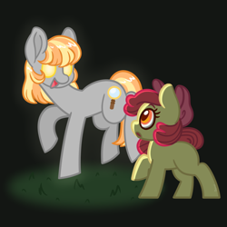 Size: 900x900 | Tagged: safe, artist:missmagicalgirl, derpibooru import, apple bloom, oc, oc:ruby (story of the blanks), earth pony, pony, g4, blank flank, female, filly, foal, glowing, story of the blanks