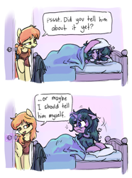 Size: 697x935 | Tagged: safe, artist:plunger, derpibooru import, oc, oc only, earth pony, pony, unicorn, angry, bed, blanket, clothes, comic, cute, female, imported from twibooru, looking at each other, looking at someone, mare, pillow, raised leg, scrunchy face, shirt, simple background, stare, tired, white background