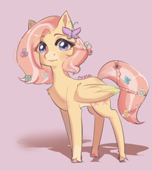 Size: 800x900 | Tagged: safe, artist:sally223, derpibooru import, fluttershy, pegasus, pony, g4, alternate hairstyle, braid, chest fluff, coat markings, colored hooves, cute, female, flower, flower in hair, flower in tail, folded wings, looking at you, mare, pink background, shadow, short hair fluttershy, short mane, shyabetes, simple background, socks (coat marking), solo, tail, unshorn fetlocks, wings