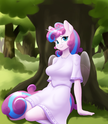 Size: 2000x2300 | Tagged: safe, artist:junglemango, derpibooru import, princess flurry heart, alicorn, anthro, g4, clothes, dress, fanfic art, female, forest, nature, smiling, solo, tree