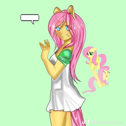 Size: 693x693 | Tagged: safe, artist:friedneuronss, derpibooru import, fluttershy, human, pegasus, pony, g4, eared humanization, green background, humanized, looking at you, no pupils, simple background