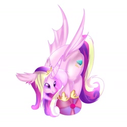 Size: 1974x1974 | Tagged: safe, artist:friedneuronss, derpibooru import, princess cadance, bat pony, hybrid, pony, unicorn, g4, balancing, ball, bat ponified, bat pony unicorn, ears, fangs, female, floppy ears, horn, lovebat, mare, race swap, simple background, smiling, solo, white background