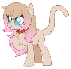 Size: 2845x2779 | Tagged: safe, artist:sinamuna, derpibooru import, oc, oc only, oc:kerfluffle, cat, cat pony, original species, pony, base used, bell, bell collar, blue eyes, brown eyes, brown fur, brown hair, cat ears, cat tail, collar, female, fluffy hair, long hair, mare, pink hair, simple background, slit eyes, smiling, solo, tail, transparent background