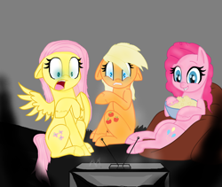 Size: 2616x2208 | Tagged: safe, artist:xxnation-foredawnxx, derpibooru import, applejack, fluttershy, pinkie pie, earth pony, pegasus, pony, g4, ears, female, floppy ears, food, popcorn, watching tv