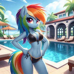 Size: 1024x1024 | Tagged: source needed, safe, ai content, derpibooru import, generator:bing image creator, generator:dall-e 3, machine learning generated, rainbow dash, anthro, g4, bare shoulders, belly button, bikini, black swimsuit, breasts, cleavage, clothes, female, hand on hip, looking at you, missing cutie mark, outdoors, palm tree, prompter needed, sexy, side-tie bikini, sleeveless, smiling, smiling at you, solo, standing, swimming pool, swimsuit, tree, umbrella, wingless, wingless anthro