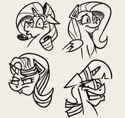 Size: 1067x1009 | Tagged: safe, artist:cowsrtasty, derpibooru import, fluttershy, rarity, starlight glimmer, twilight sparkle, pegasus, pony, unicorn, g4, bust, ears, expressions, female, floppy ears, frown, grayscale, grin, mare, monochrome, nervous, nervous smile, simple background, smiling, white background