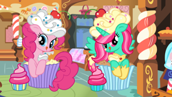 Size: 3462x1949 | Tagged: safe, artist:lizzmcclin, derpibooru import, pinkie pie, oc, alicorn, earth pony, pony, g4, cupcake, eating, female, food, sugarcube corner, unnamed oc