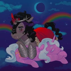 Size: 1440x1440 | Tagged: safe, artist:ariariari.png, derpibooru import, idw, king sombra, radiant hope, pony, unicorn, g4, armor, duo, female, lyrics in the description, male, moon, night, night sky, rainbow, ship:hopebra, shipping, sky, sleeping, straight